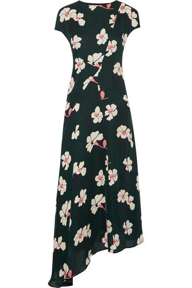 Asymmetric printed silk-chiffon midi dress