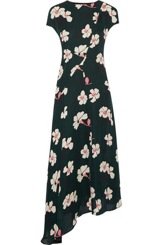 Asymmetric printed silk-chiffon midi dress