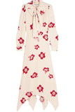 Pussy-bow glittered floral-print crepe dress