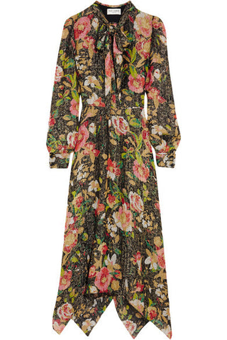 Floral-print lamé midi dress