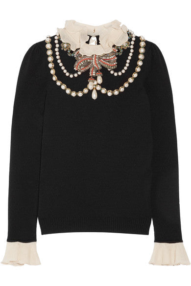 Ruffle-trimmed embellished wool-blend sweater